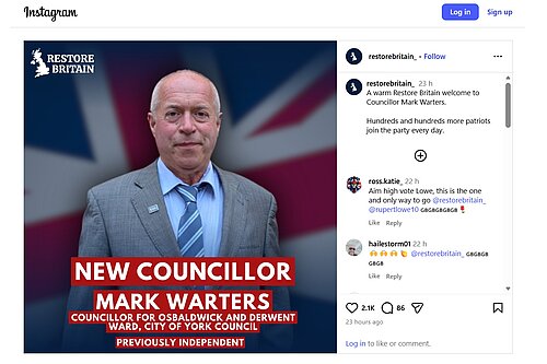 A screenshot of the Instagram page where Cllr Warters’ status a Restore Britain councillor was announced.