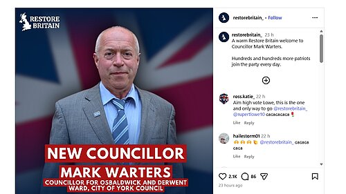 A screenshot of the Instagram page where Cllr Warters’ status a Restore Britain councillor was announced.