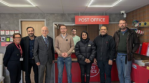  Photo of Lib Dem Cllrs Andrew Hollyer and Ian Cuthbertson with the Post Office team and Luke Charters MP
