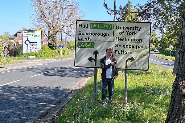 Luke Draper at first road sign on Hull Road