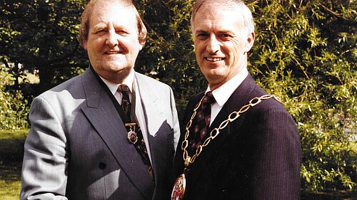 Eurig Thomas at the conclusion of his year of office as Chairman of Ryedale District Council in May, 1995, standing with fellow former councillor Charles Hall